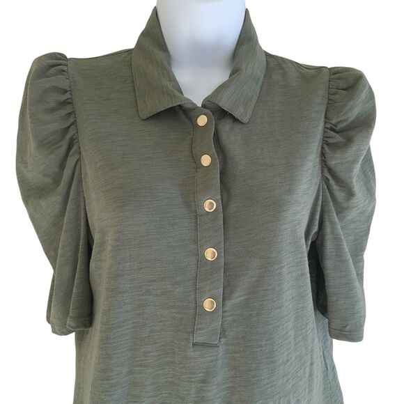 Chico’s Puff Sleeve Slub Cotton Modal Collared Henley Snap Dark Moss Size 0/S - Picture 5 of 10